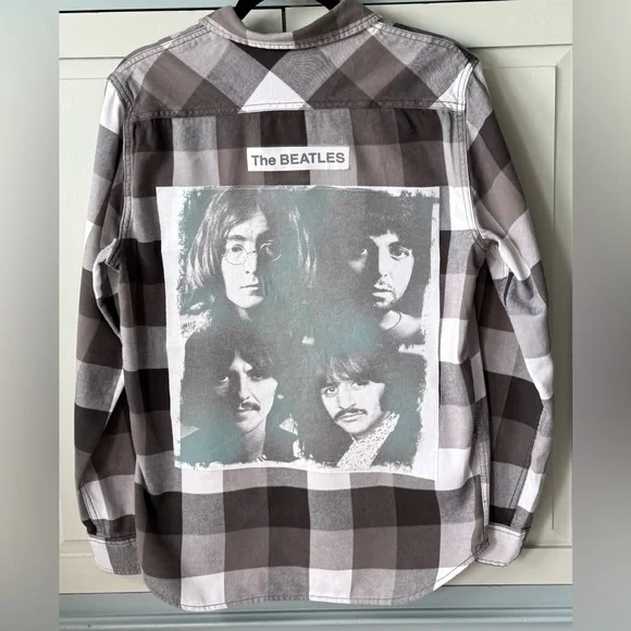 Upcycled The Beatles Vintage Graphic Tee On VANS lightweight flannel shirt Sz M - Picture 2 of 6